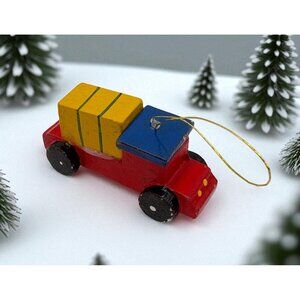 Vintage Wood Farm Truck Christmas Tree Ornament Hand Painted Lumber Hay Colorful